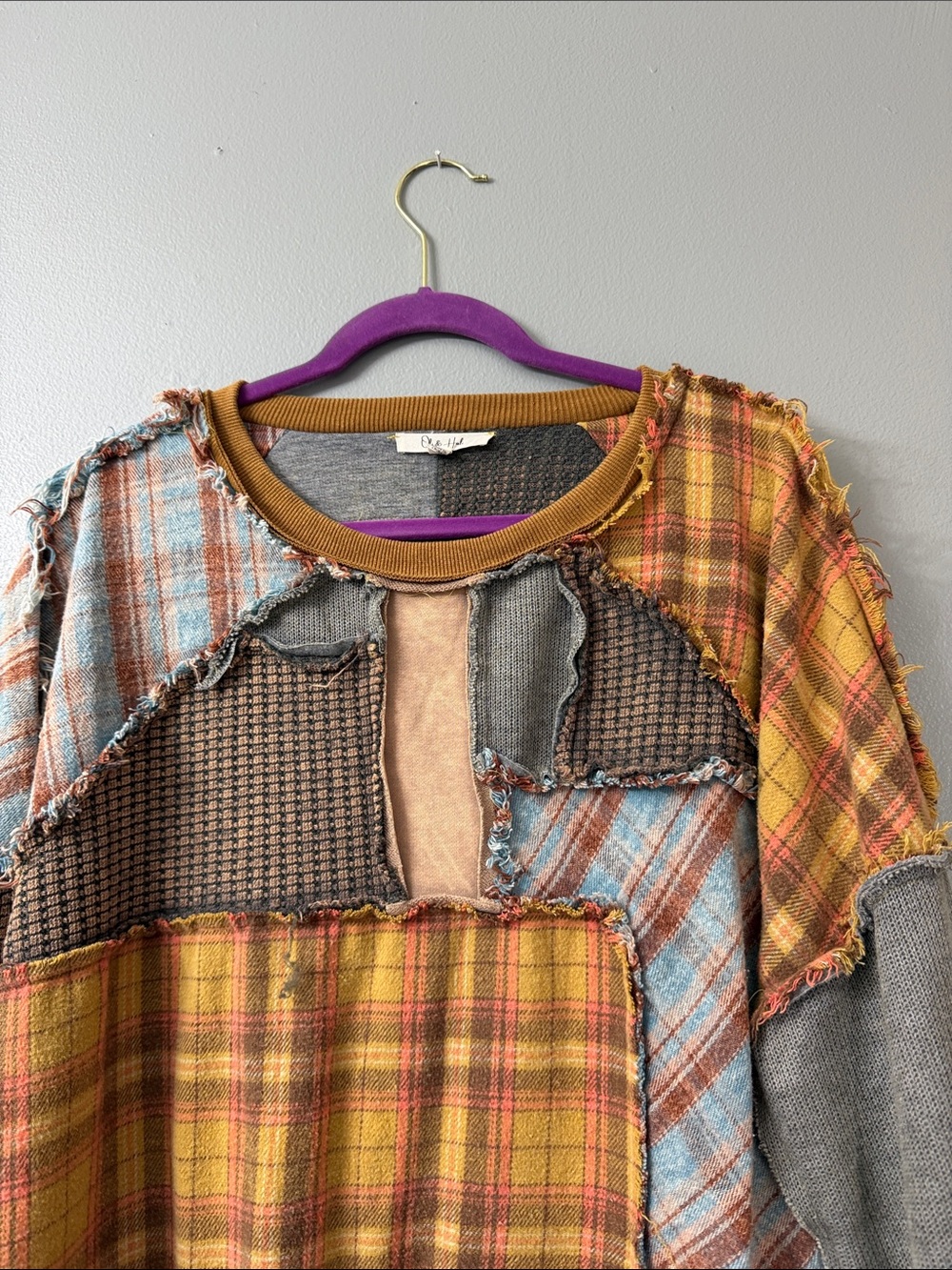 Oli & Hali Washed Mixed Fabric Plaid Pullover in a mustard combo raw seam large - Picture 3 of 7